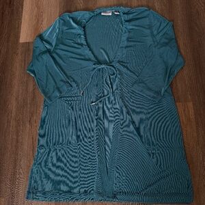 Chico's Travelers Open Front Tunic Top Size 2 teal travel front tie 3/4 sleeve